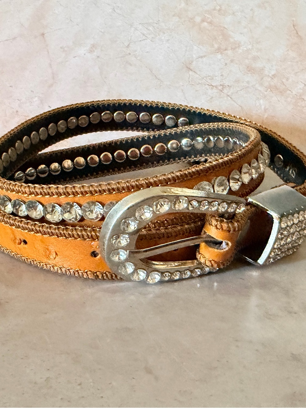 Western Cowgirl Camel Brown Belt Leather Decorated Rhinestones
